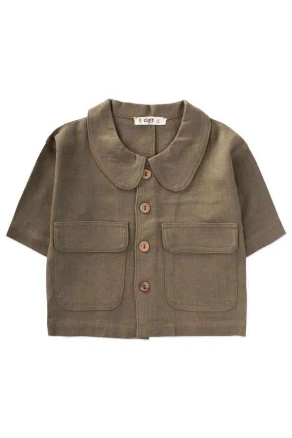 Sarh Keten Düğmeli Ceket 2-7 Yaş Haki Yeşil