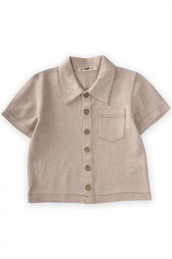 Kısa Kollu Keten Gömlek 2-7 Yaş Naturel