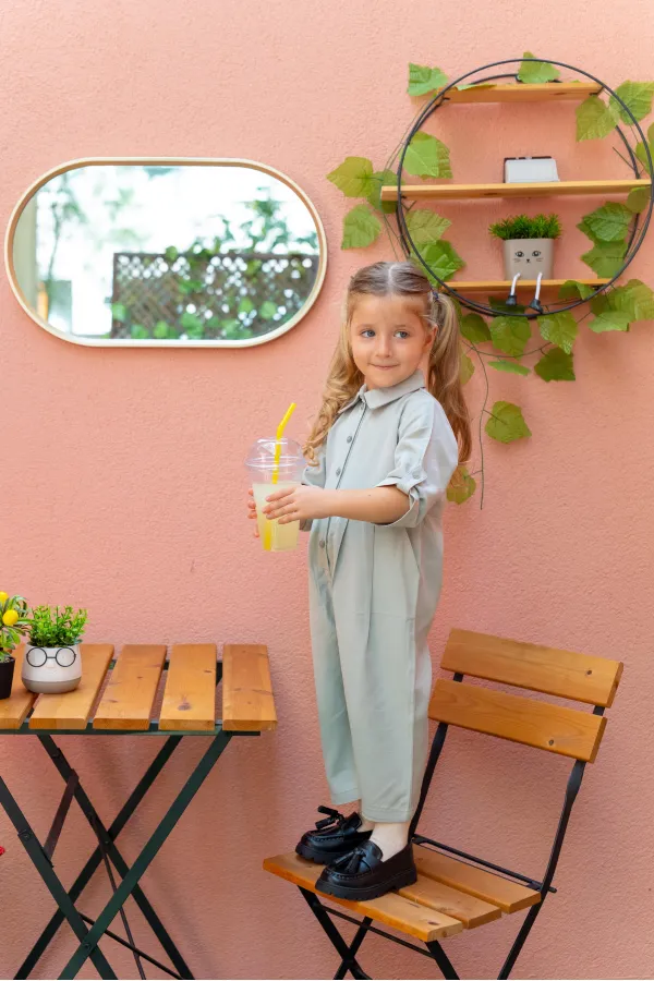 Collared Pleated Tencel Overalls for 2-7 Years Mint Green