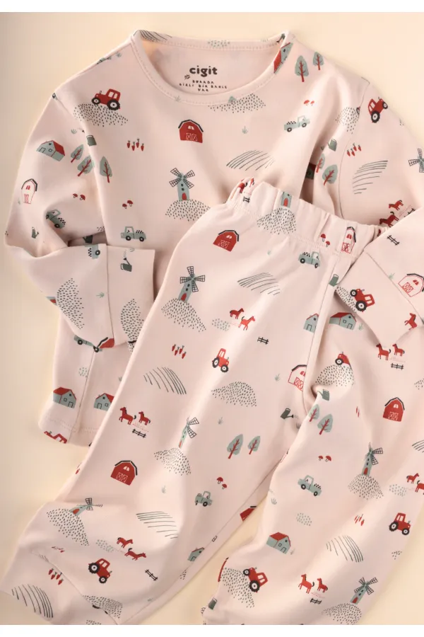 Desenli Mevsimlik Pijama Takım 1-7 Yaş Çiftlik Desen