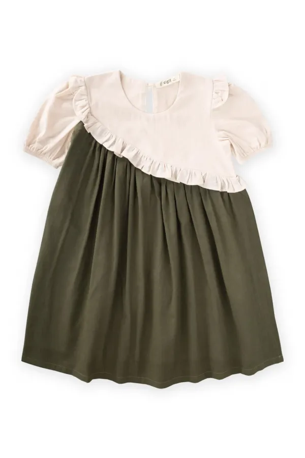 Two-Tone Asymmetrical Dress, 2-7 Years Old, Ecru