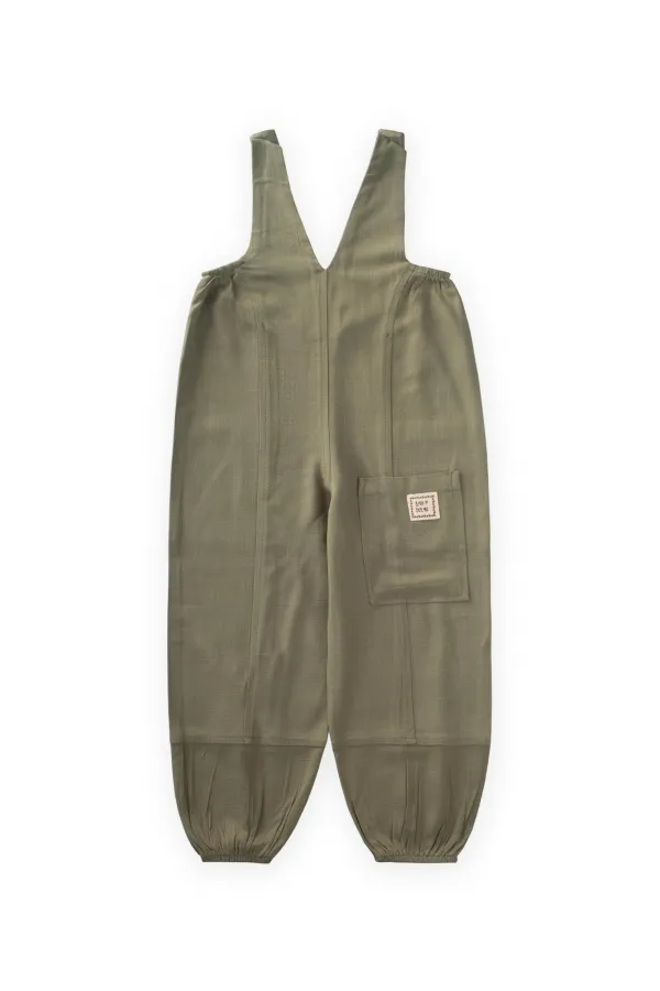 V-Neck Elasticated Linen Overalls for 2-7 Years Old Khaki Green