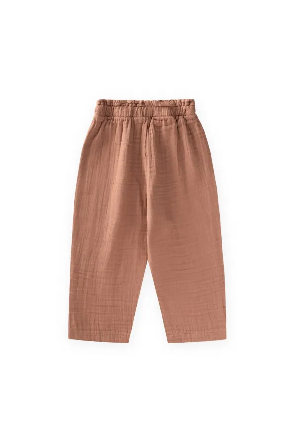 Organic Wide-Fit Muslin Trousers with Ruffled Waistband, Ages 1-8, Light Brown Organic Wide-Fit Muslin Trousers with Ruffled Waistband, Ages 1-8, Light Brown