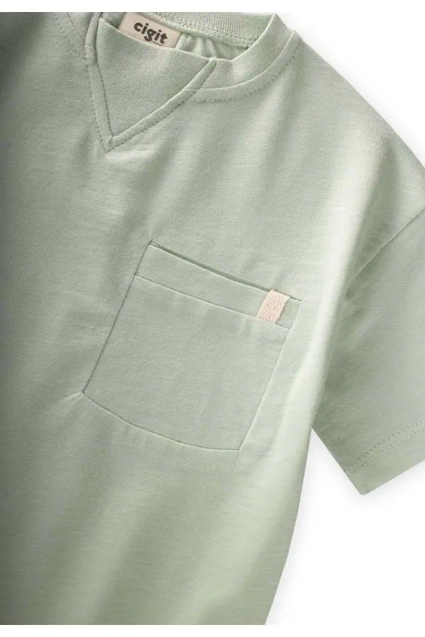 T-shirt à col travaillé, 2-12 ans, vert turquoise