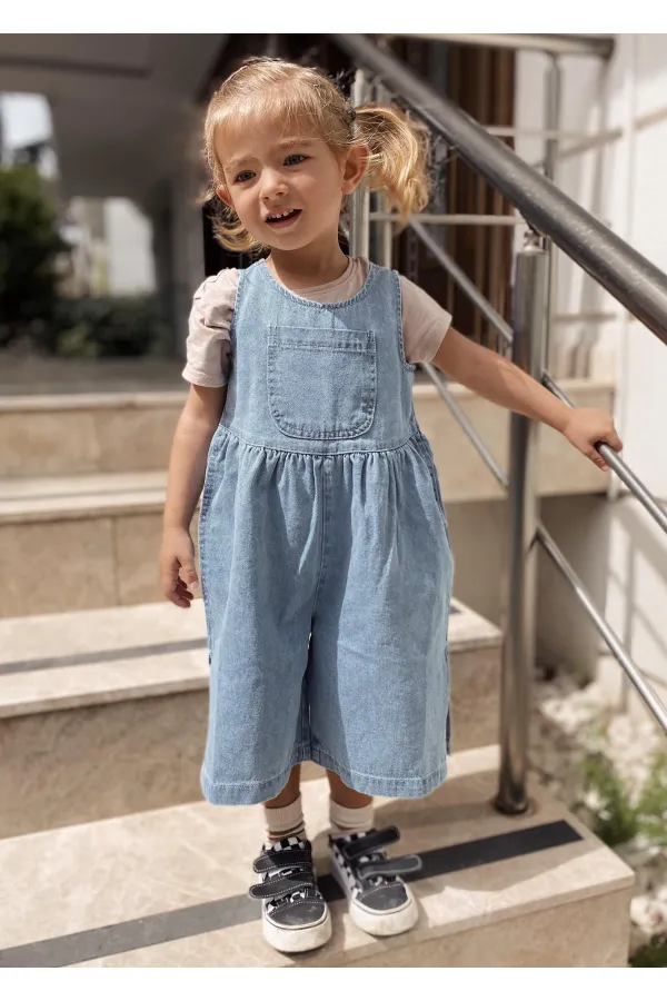 Önü Cepli Kot Tulum 2-7 Yaş Mavi
