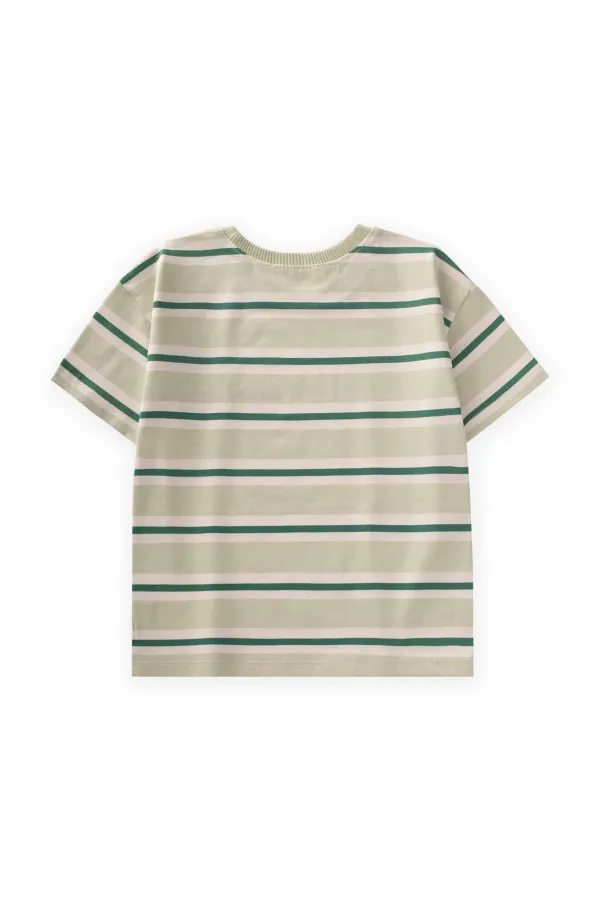 T-shirt à larges rayures brodées pour enfants de 2 à 10 ans, rayures vert menthe et kaki