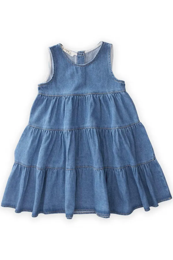 Katlı Kot Elbise 2-7 Yaş Mavi