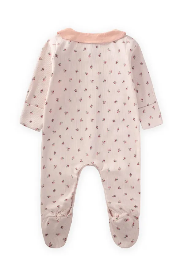 Crispy Floral Patterned Baby Collar Jumpsuit 0-9 Months Ecru
