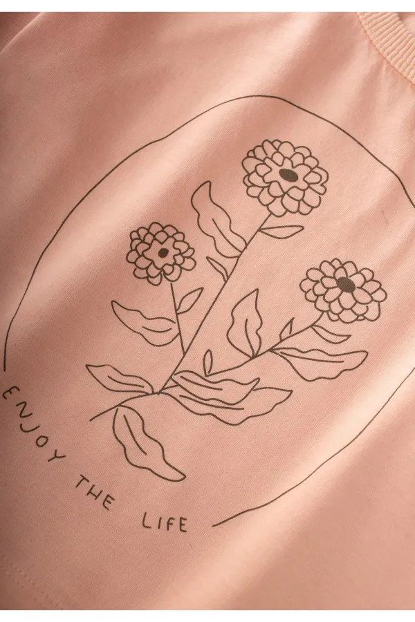 Long-sleeved patterned high-waisted trouser set for ages 2-8, salmon color.