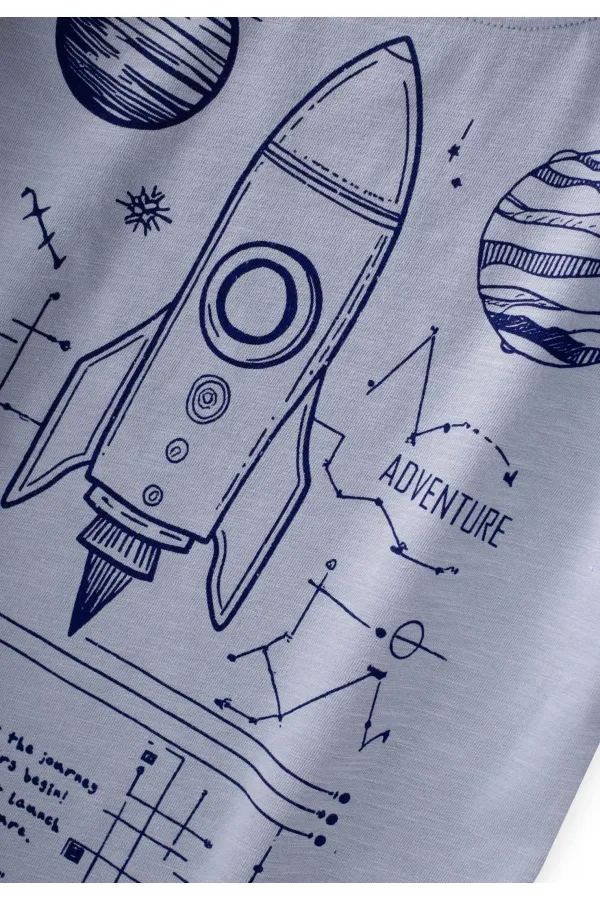 Roket Baskılı T-Shirt 2-12 Yaş Pastel Mavi