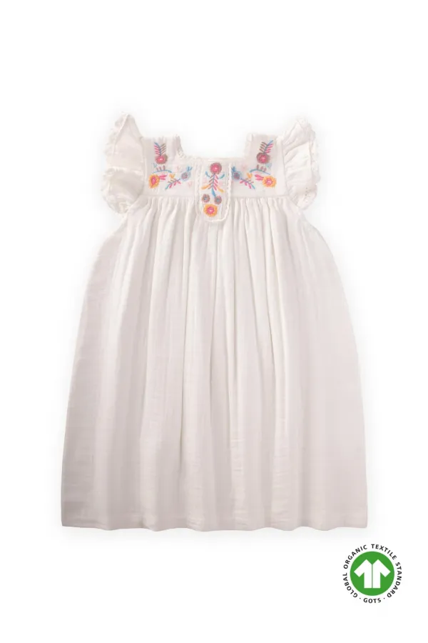 Robe en mousseline de coton biologique brodée, 2-8 ans, écru