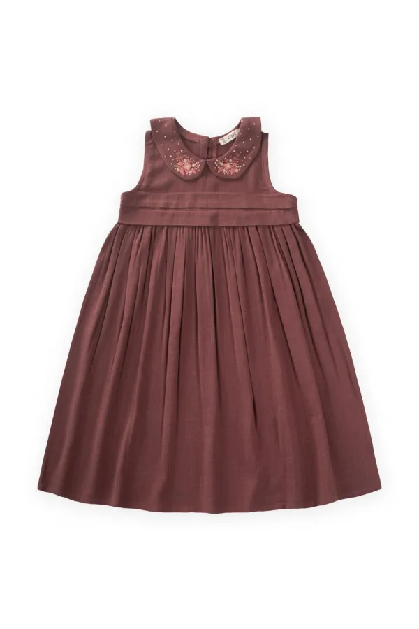 Bebe Yaka Nakışlı Keten Elbise 2-7 Yaş Mürdüm