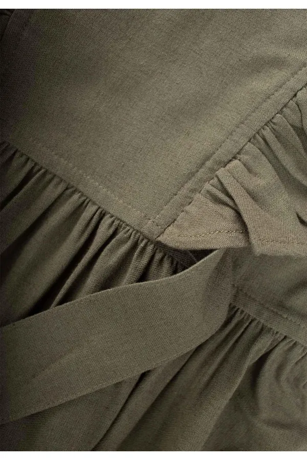 Yanları Bağcıklı Keten elbise 2-7 Yaş Haki Yeşil