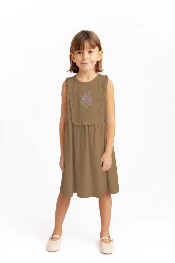 Robe rectangulaire en lin brodé pour enfant de 2 à 7 ans, couleur caramel