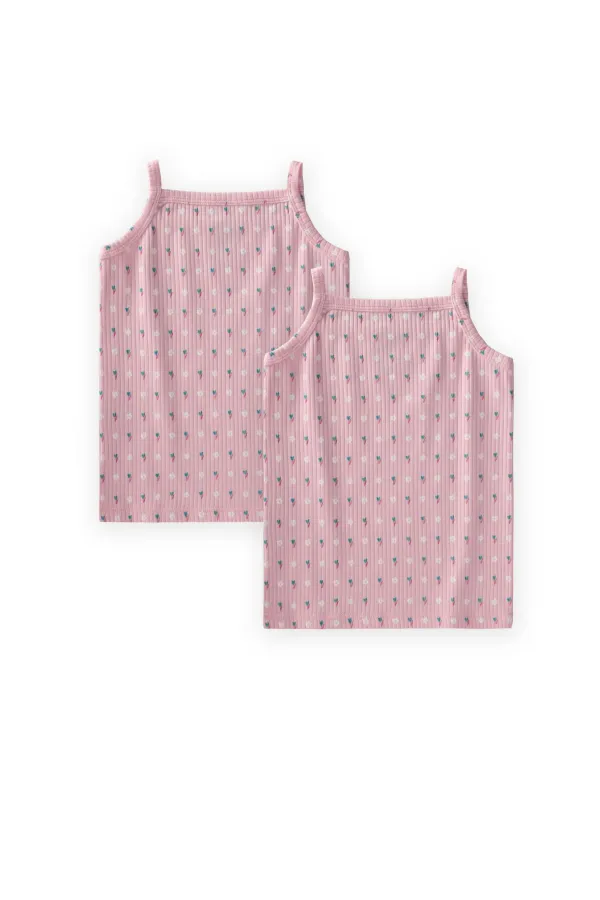 Two-Piece Strappy Girls' Tank Top, Ages 2-11, Powder Pink, Floral Pattern