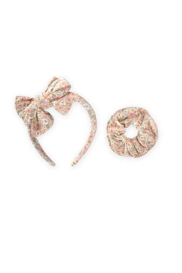 Ensemble de pinces à cheveux élastiques à nœud couronne, motif floral beige