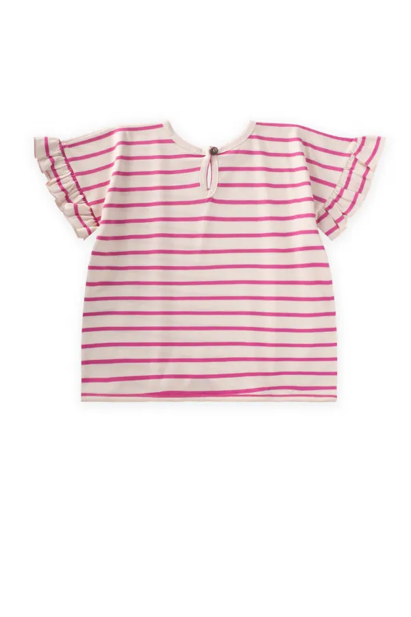 Çizgili Bağlamalı Kız T-Shırt 3-10 Yaş Fuşya Çizgili