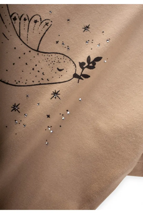 Ensemble jupe et jupe en mousseline beige à imprimé oiseaux et détails en pierre, pour enfants de 2 à 8 ans.