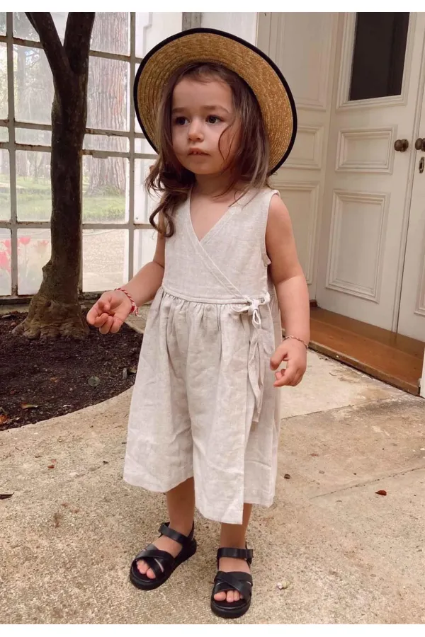 Keten Sarh Anvelop Elbise 2-7 Yaş Naturel