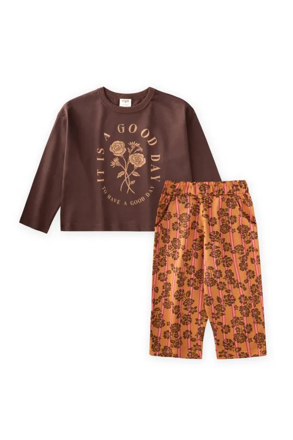 Long-sleeved patterned high-waisted trouser set for ages 2-8, brown.