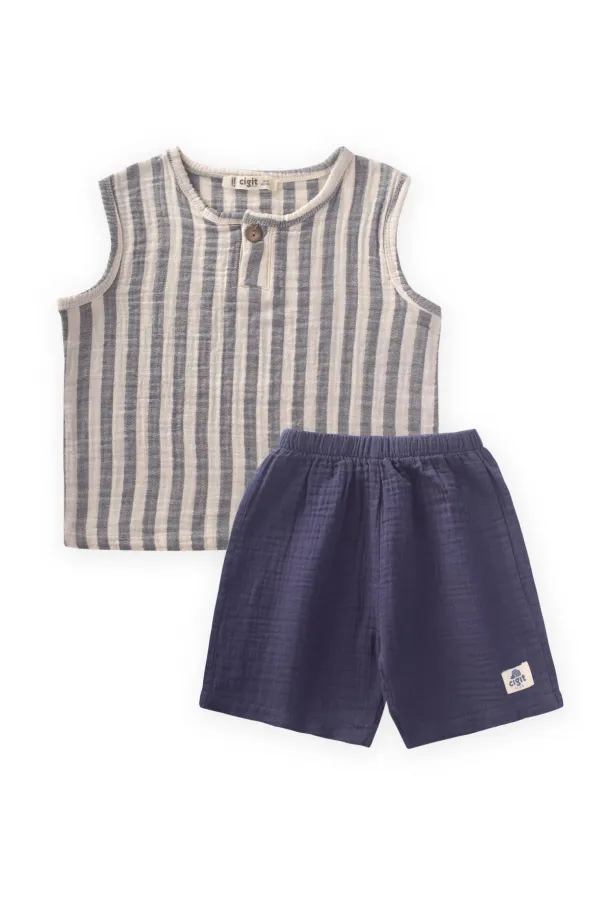 Müslin Bebe Patlı Takım 0-5 Yaş Lacivert Çizgili