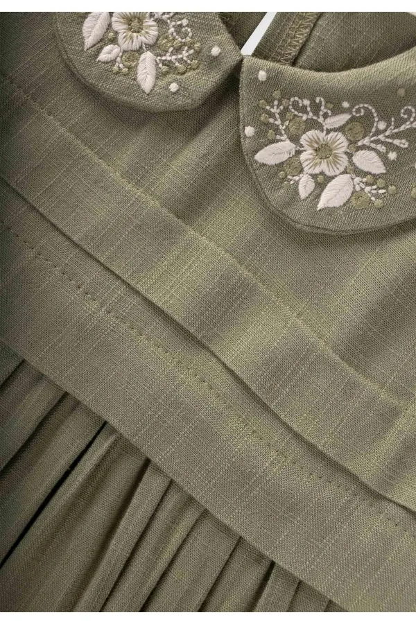 Robe en lin brodée à col bébé pour enfants de 2 à 7 ans, kaki vert
