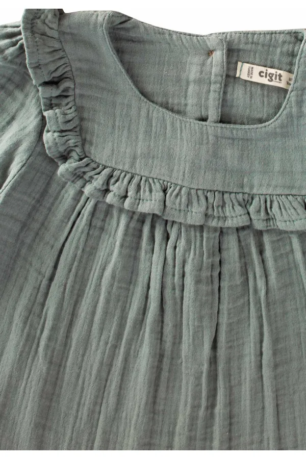 Robası Fırfırlı Mevsimlik Müslin Elbise 2-9 Yaş Çağla Yeşil