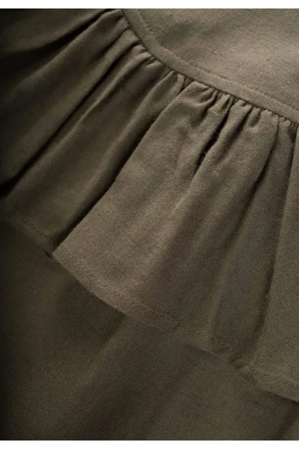 Beli Volanlı Keten Tulum 2-7 Yaş Haki Yeşil