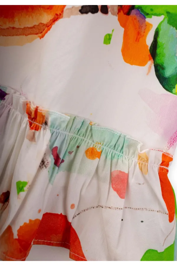 Yaka Kol Lastikli Poplin Elbise 2-7 Yaş Ekru Desenli