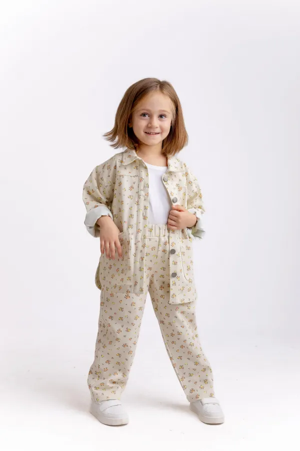 Çiçek Desenli Gabardin Ceket 2-7 Yaş Ekru Çiçekli