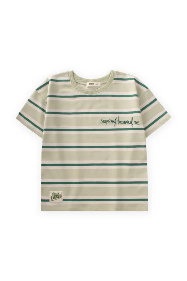 T-shirt à larges rayures brodées pour enfants de 2 à 10 ans, rayures vert menthe et kaki
