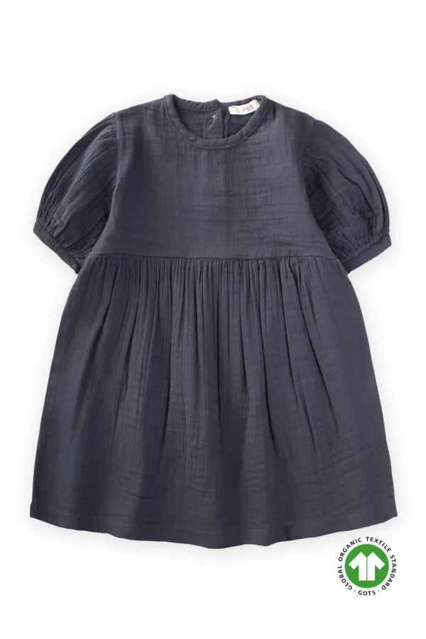 Robe en mousseline de coton bio à manches ballon, anthracite, 2-10 ans