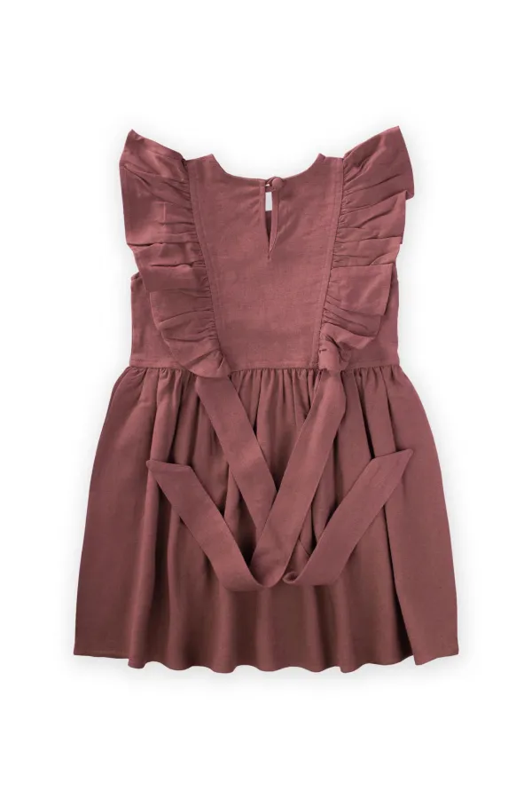 Yanları Bağcıklı Keten elbise 2-7 Yaş Mürdüm