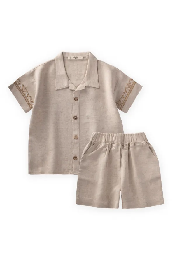 Embroidered Sleeves Shirt Shorts Linen Suit 2-7 Years Natural