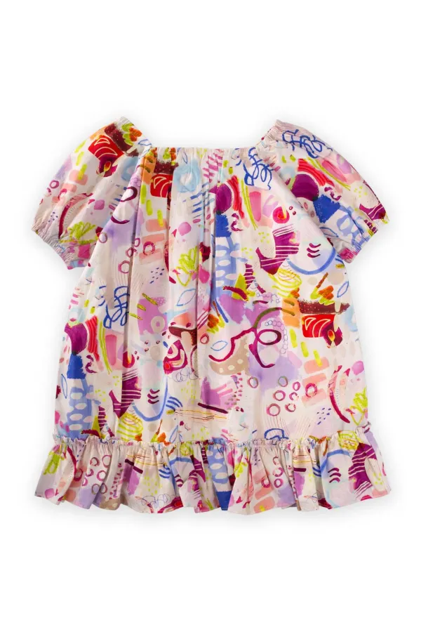 Poplin Dress with Elastic Collar and Sleeves, 2-7 Years Old, Ecru Fuchsia