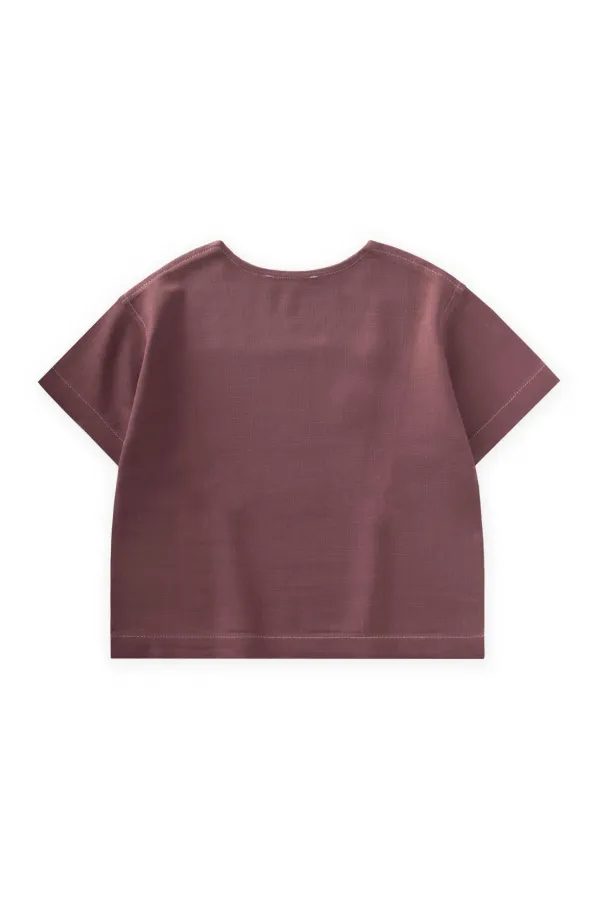 Kontrast Dikişli Keten Bluz 2-7 Yaş Mürdüm