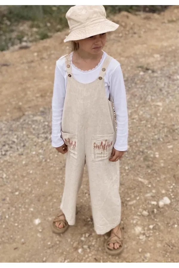 Salopette en lin à poches longues pour enfants de 2 à 7 ans, couleur naturelle