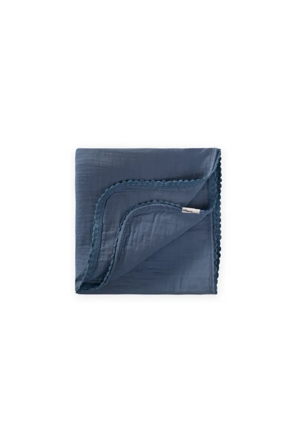Double Layer Muslin Baby Blanket with Pom-Pom Trim, 100x100 cm +/- 3 cm, Indigo Blue