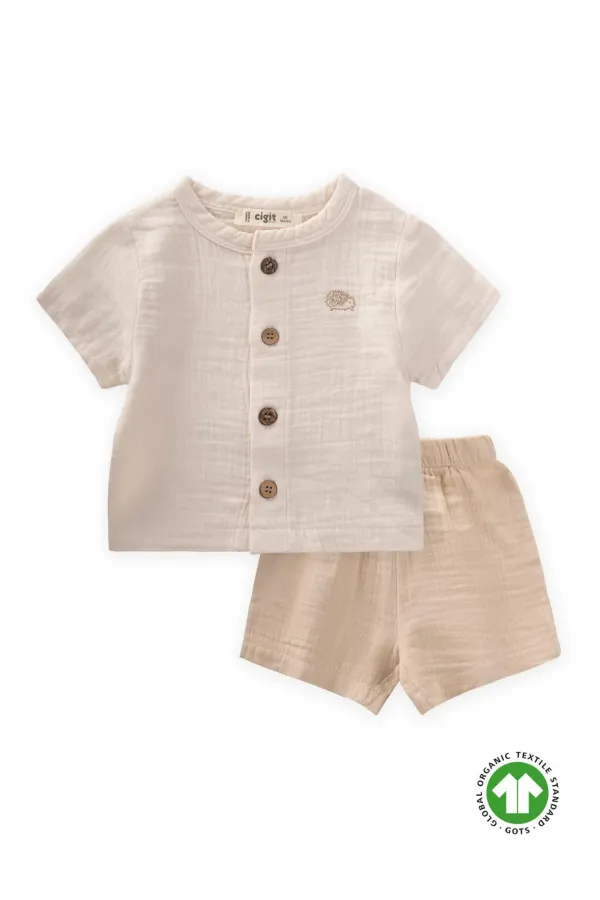 Organik Kirpi Nakışlı Müslin Takım 0-5 Yaş Naturel