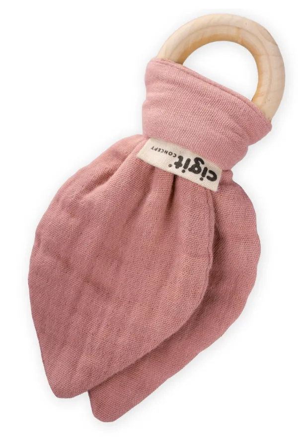 Anneau de dentition en bois et mousseline rose pour bébé