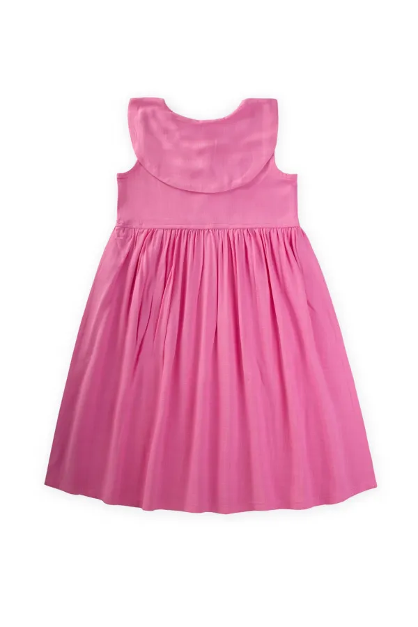 Nakışlı Roba Yaka Keten Elbise 2-7 Yaş Pembe