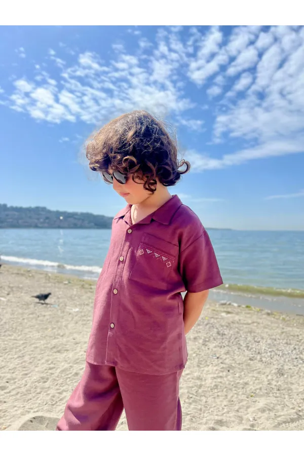 Ensemble chemise et pantalon en lin brodé à poches pour enfants de 2 à 7 ans, couleur prune