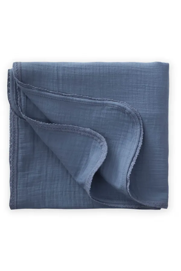 Couverture en mousseline simple épaisseur brodée de dentelle 100 x 100 cm +/- 3 cm Bleu indigo