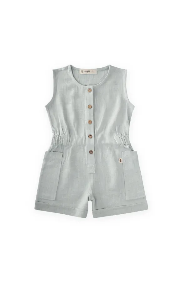 Yanları Cepli Kısa Boy Keten Tulum 2-7 Yaş Mint Yeşili Yanları Cepli Kısa Boy Keten Tulum 2-7 Yaş Mint Yeşili