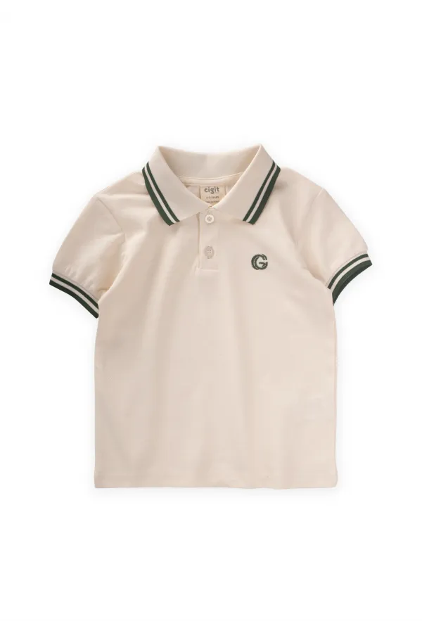 Polo à rayures doubles brodées, écru, 2-10 ans