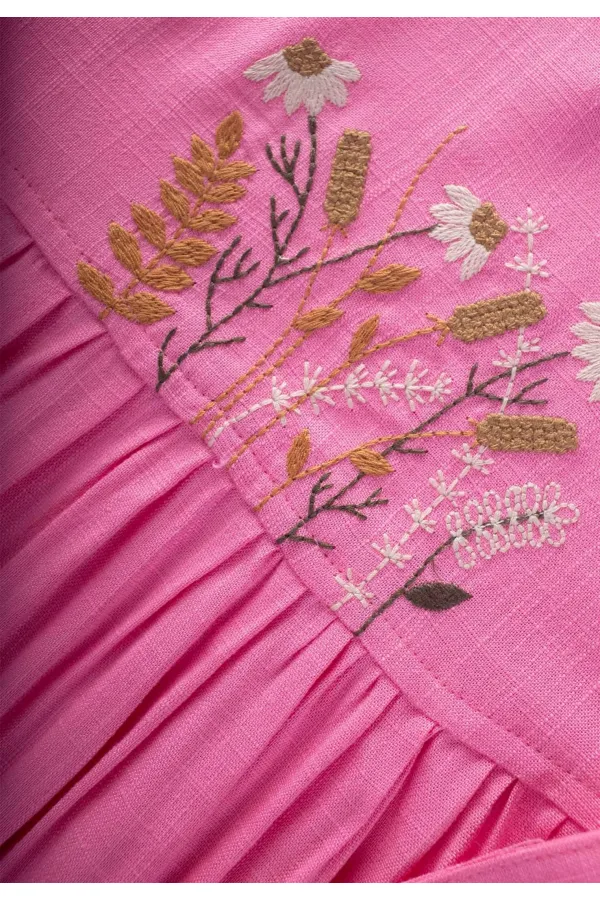 Nakışlı Yandan Bağlamalı Keten Elbise 2-7 Yaş Pembe