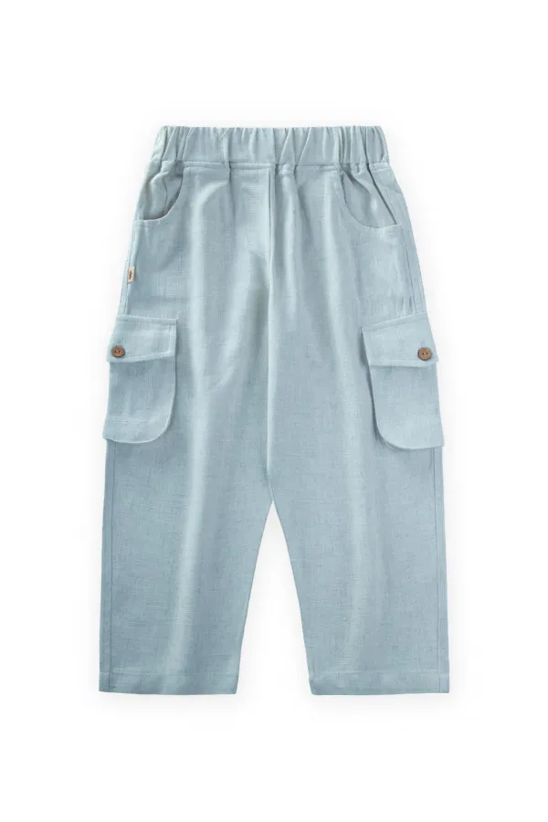 Çift Körük Cepli Keten Pantolon 2-7 Yaş Mavi