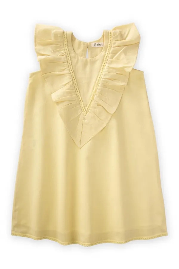 Robe jaune à ourlet et dos en dentelle, 2-7 ans