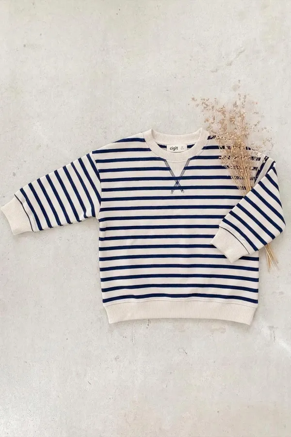 Striped Cardigan Detailed Seasonal Sweater for 2-12 Years Old Navy Blue