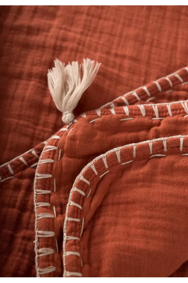 Çift Kat El İşi Müslin Üçgen Havlu (Yıkanmıştır) 75X75 cm Rust